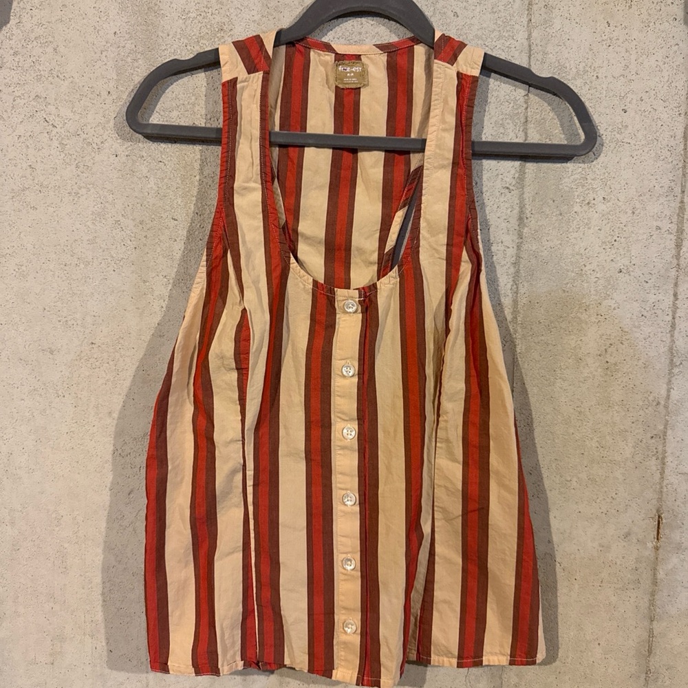 Free People 100% Cotton Red & Cream Striped Button Tank w/ Tie Back